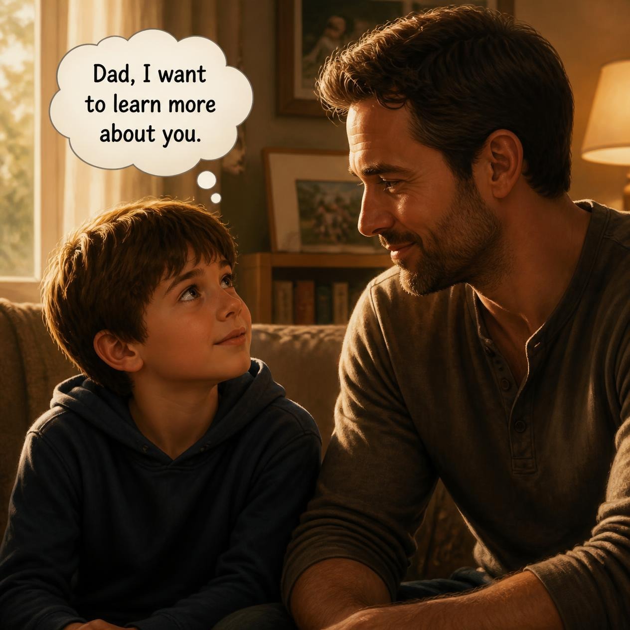 A son telling his father, 'Dad, I want to learn more about you.'
